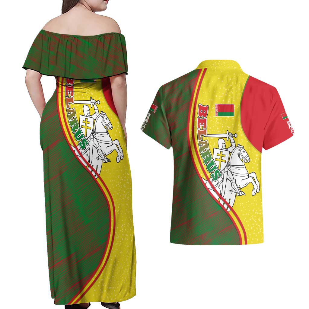 Belarus Pahonia Knight Crest Couples Matching Off Shoulder Maxi Dress and Hawaiian Shirt with Red Green Yellow Folk Pattern Design