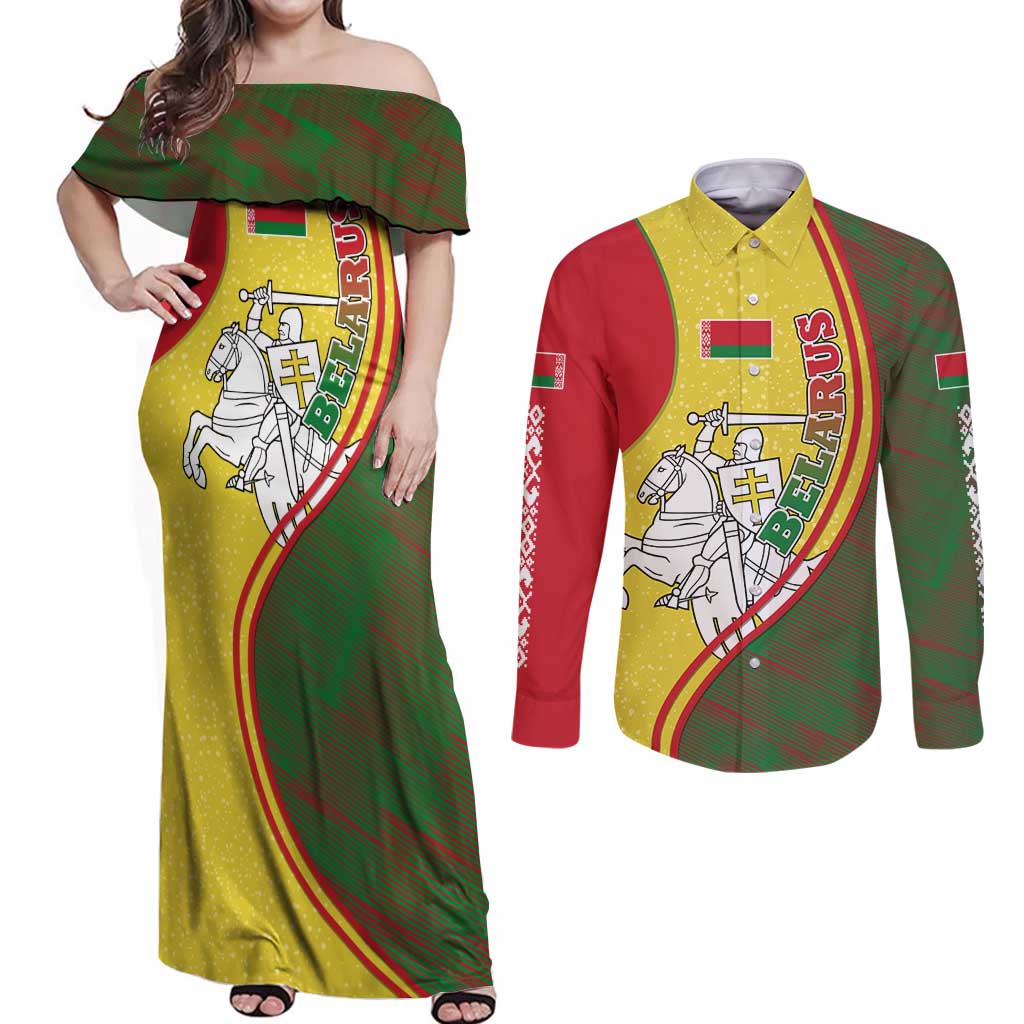 Belarus Pahonia Knight Crest Couples Matching Off Shoulder Maxi Dress and Long Sleeve Button Shirt with Red Green Yellow Folk Pattern Design