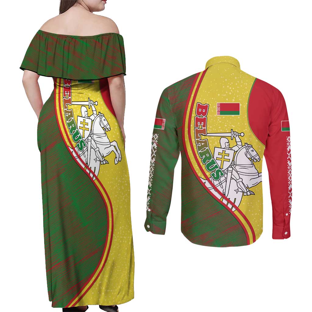 Belarus Pahonia Knight Crest Couples Matching Off Shoulder Maxi Dress and Long Sleeve Button Shirt with Red Green Yellow Folk Pattern Design