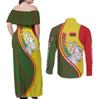Belarus Pahonia Knight Crest Couples Matching Off Shoulder Maxi Dress and Long Sleeve Button Shirt with Red Green Yellow Folk Pattern Design