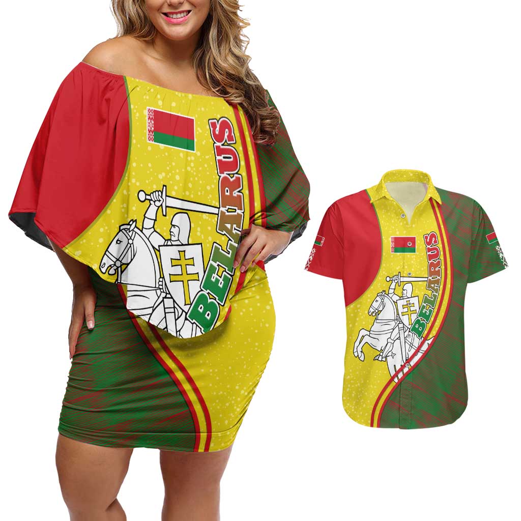 Belarus Pahonia Knight Crest Couples Matching Off Shoulder Short Dress and Hawaiian Shirt with Red Green Yellow Folk Pattern Design
