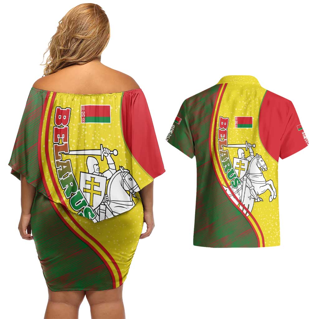 Belarus Pahonia Knight Crest Couples Matching Off Shoulder Short Dress and Hawaiian Shirt with Red Green Yellow Folk Pattern Design