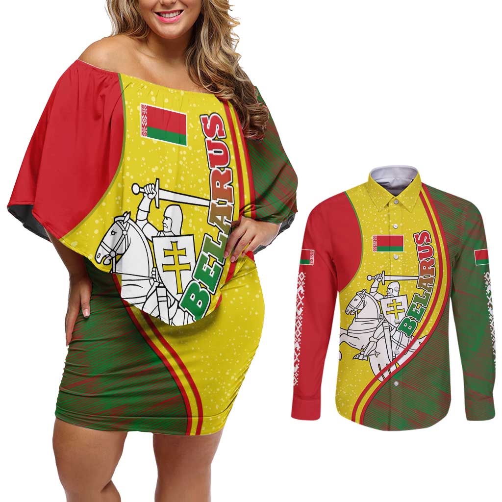 Belarus Pahonia Knight Crest Couples Matching Off Shoulder Short Dress and Long Sleeve Button Shirt with Red Green Yellow Folk Pattern Design