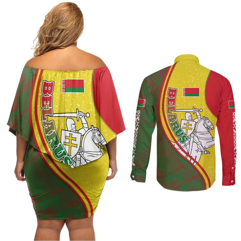 Belarus Pahonia Knight Crest Couples Matching Off Shoulder Short Dress and Long Sleeve Button Shirt with Red Green Yellow Folk Pattern Design