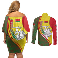 Belarus Pahonia Knight Crest Couples Matching Off Shoulder Short Dress and Long Sleeve Button Shirt with Red Green Yellow Folk Pattern Design