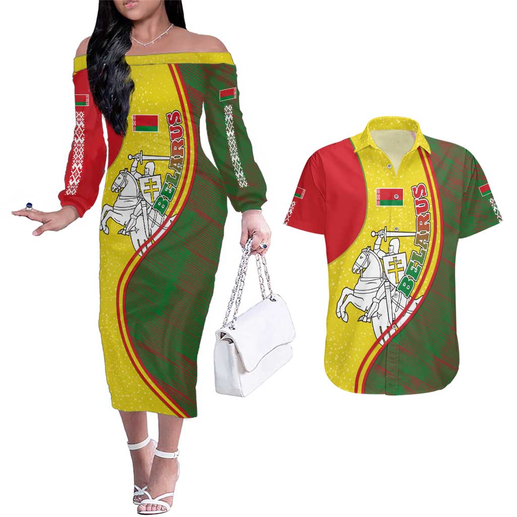 Belarus Pahonia Knight Crest Couples Matching Off The Shoulder Long Sleeve Dress and Hawaiian Shirt with Red Green Yellow Folk Pattern Design