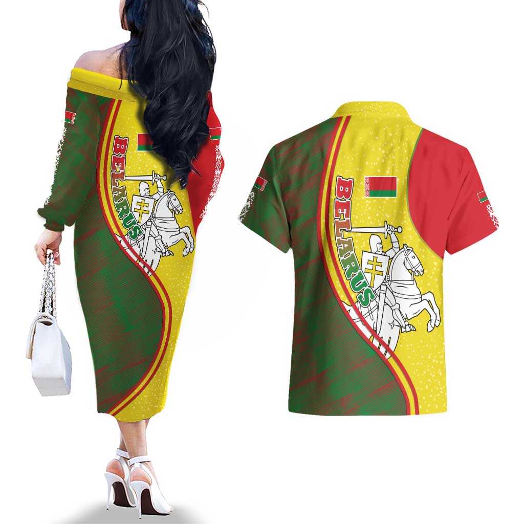 Belarus Pahonia Knight Crest Couples Matching Off The Shoulder Long Sleeve Dress and Hawaiian Shirt with Red Green Yellow Folk Pattern Design