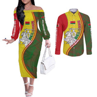 Belarus Pahonia Knight Crest Couples Matching Off The Shoulder Long Sleeve Dress and Long Sleeve Button Shirt with Red Green Yellow Folk Pattern Design