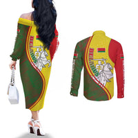 Belarus Pahonia Knight Crest Couples Matching Off The Shoulder Long Sleeve Dress and Long Sleeve Button Shirt with Red Green Yellow Folk Pattern Design