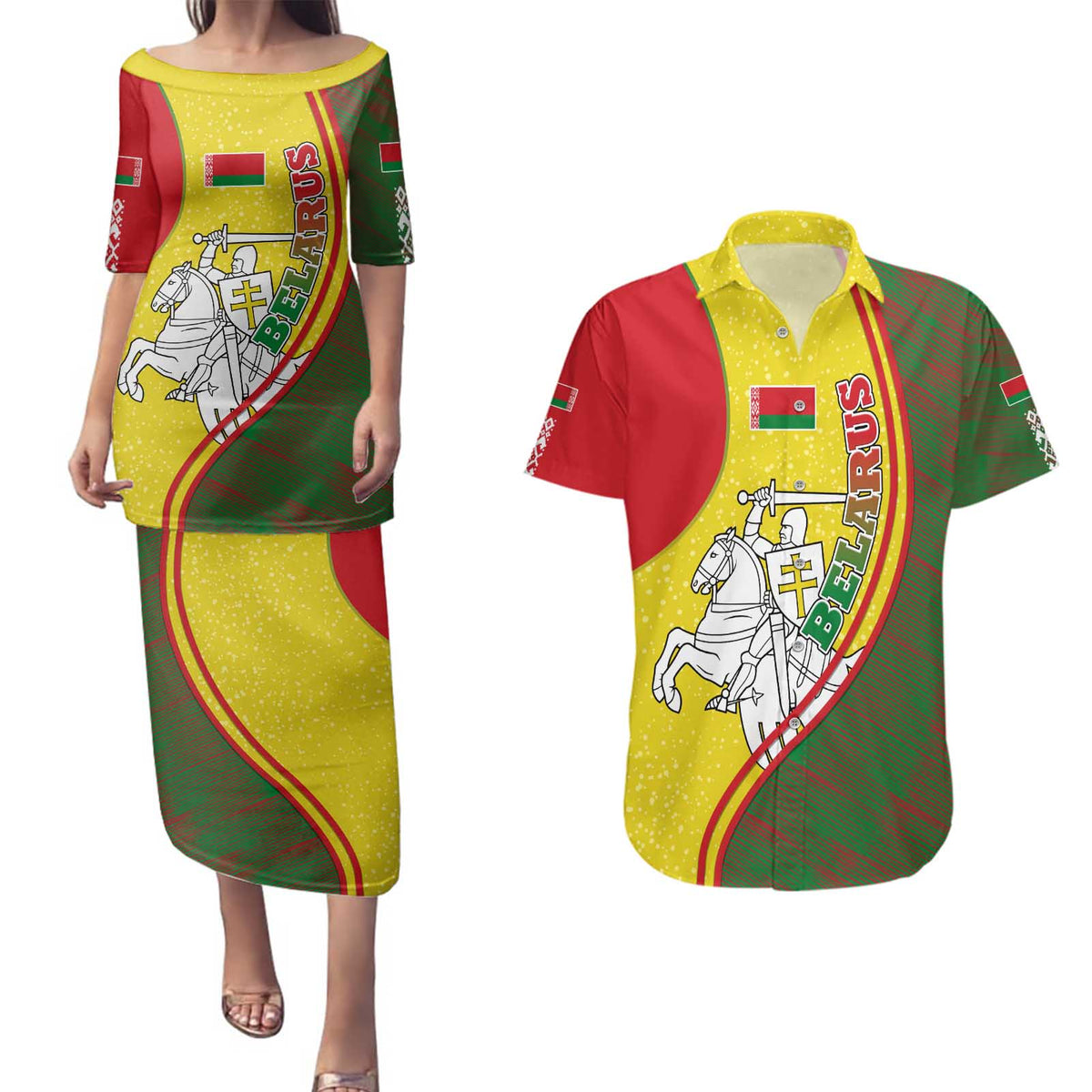 Belarus Pahonia Knight Crest Couples Matching Puletasi and Hawaiian Shirt with Red Green Yellow Folk Pattern Design