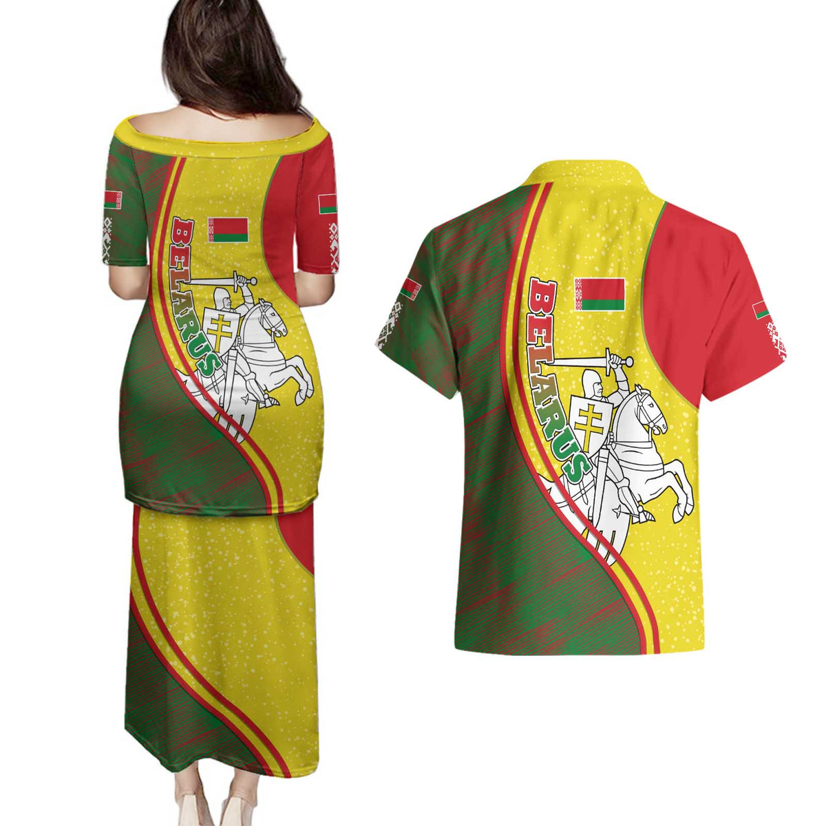 Belarus Pahonia Knight Crest Couples Matching Puletasi and Hawaiian Shirt with Red Green Yellow Folk Pattern Design