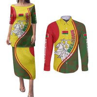 Belarus Pahonia Knight Crest Couples Matching Puletasi and Long Sleeve Button Shirt with Red Green Yellow Folk Pattern Design