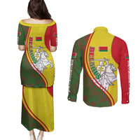 Belarus Pahonia Knight Crest Couples Matching Puletasi and Long Sleeve Button Shirt with Red Green Yellow Folk Pattern Design
