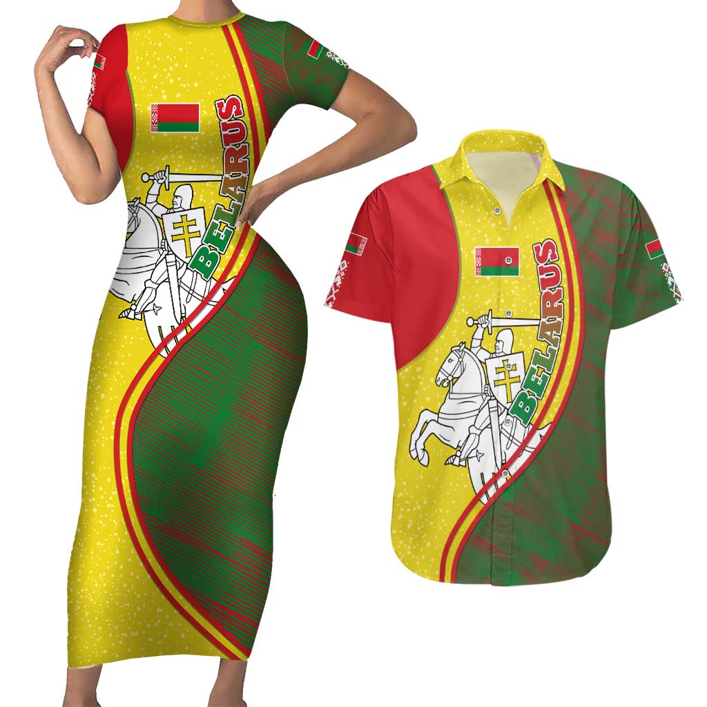 Belarus Pahonia Knight Crest Couples Matching Short Sleeve Bodycon Dress and Hawaiian Shirt with Red Green Yellow Folk Pattern Design