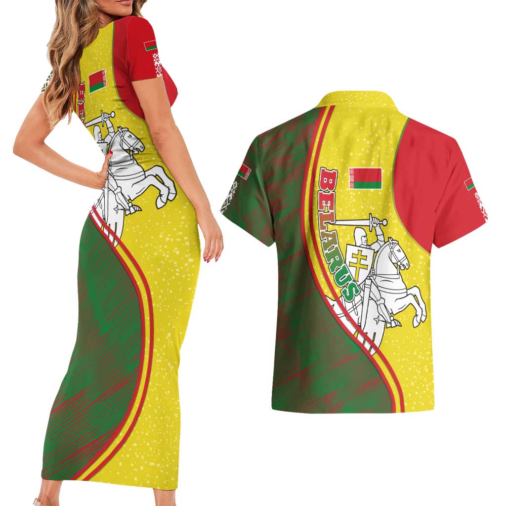 Belarus Pahonia Knight Crest Couples Matching Short Sleeve Bodycon Dress and Hawaiian Shirt with Red Green Yellow Folk Pattern Design