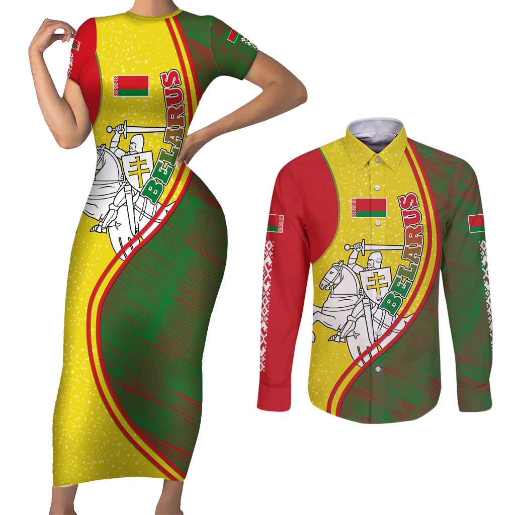 Belarus Pahonia Knight Crest Couples Matching Short Sleeve Bodycon Dress and Long Sleeve Button Shirt with Red Green Yellow Folk Pattern Design