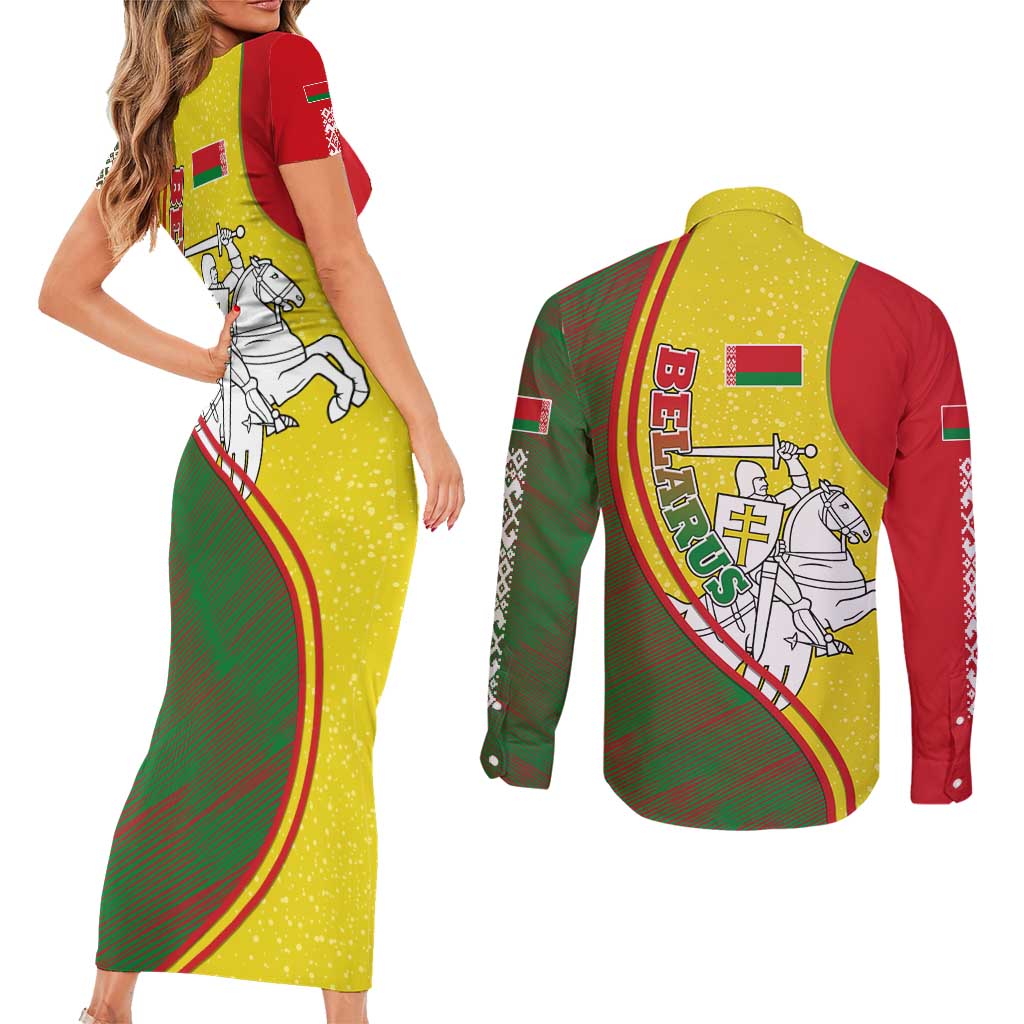 Belarus Pahonia Knight Crest Couples Matching Short Sleeve Bodycon Dress and Long Sleeve Button Shirt with Red Green Yellow Folk Pattern Design