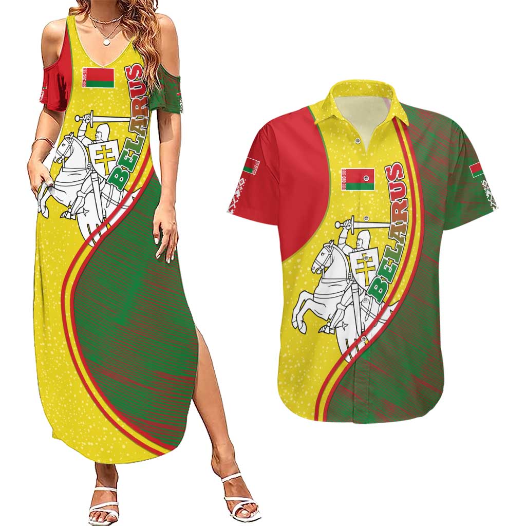 Belarus Pahonia Knight Crest Couples Matching Summer Maxi Dress and Hawaiian Shirt with Red Green Yellow Folk Pattern Design