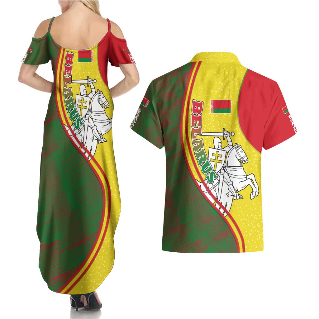 Belarus Pahonia Knight Crest Couples Matching Summer Maxi Dress and Hawaiian Shirt with Red Green Yellow Folk Pattern Design