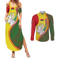 Belarus Pahonia Knight Crest Couples Matching Summer Maxi Dress and Long Sleeve Button Shirt with Red Green Yellow Folk Pattern Design
