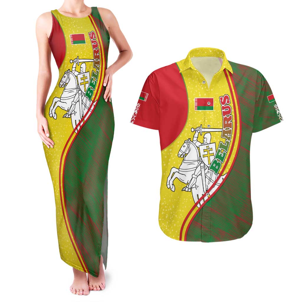 Belarus Pahonia Knight Crest Couples Matching Tank Maxi Dress and Hawaiian Shirt with Red Green Yellow Folk Pattern Design