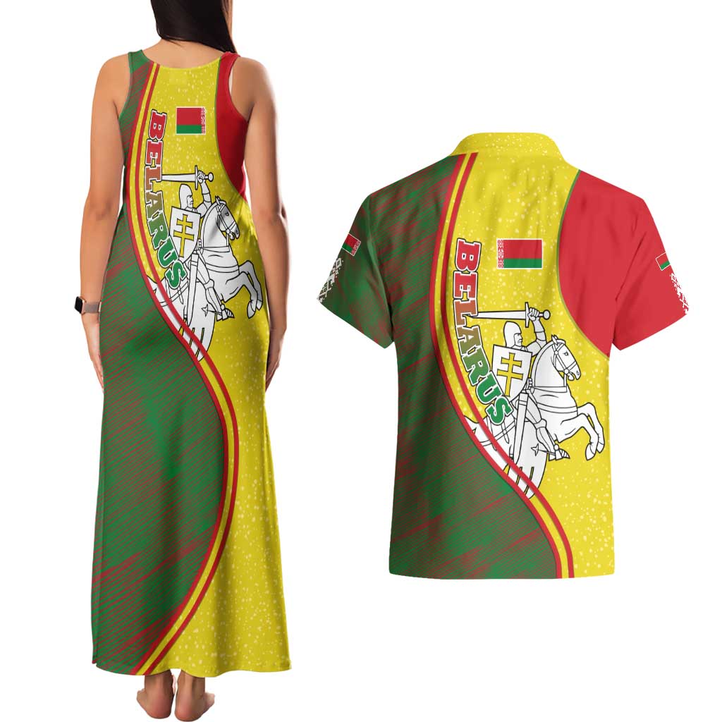 Belarus Pahonia Knight Crest Couples Matching Tank Maxi Dress and Hawaiian Shirt with Red Green Yellow Folk Pattern Design