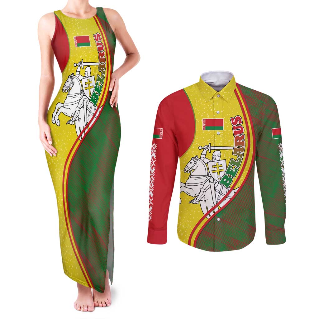Belarus Pahonia Knight Crest Couples Matching Tank Maxi Dress and Long Sleeve Button Shirt with Red Green Yellow Folk Pattern Design