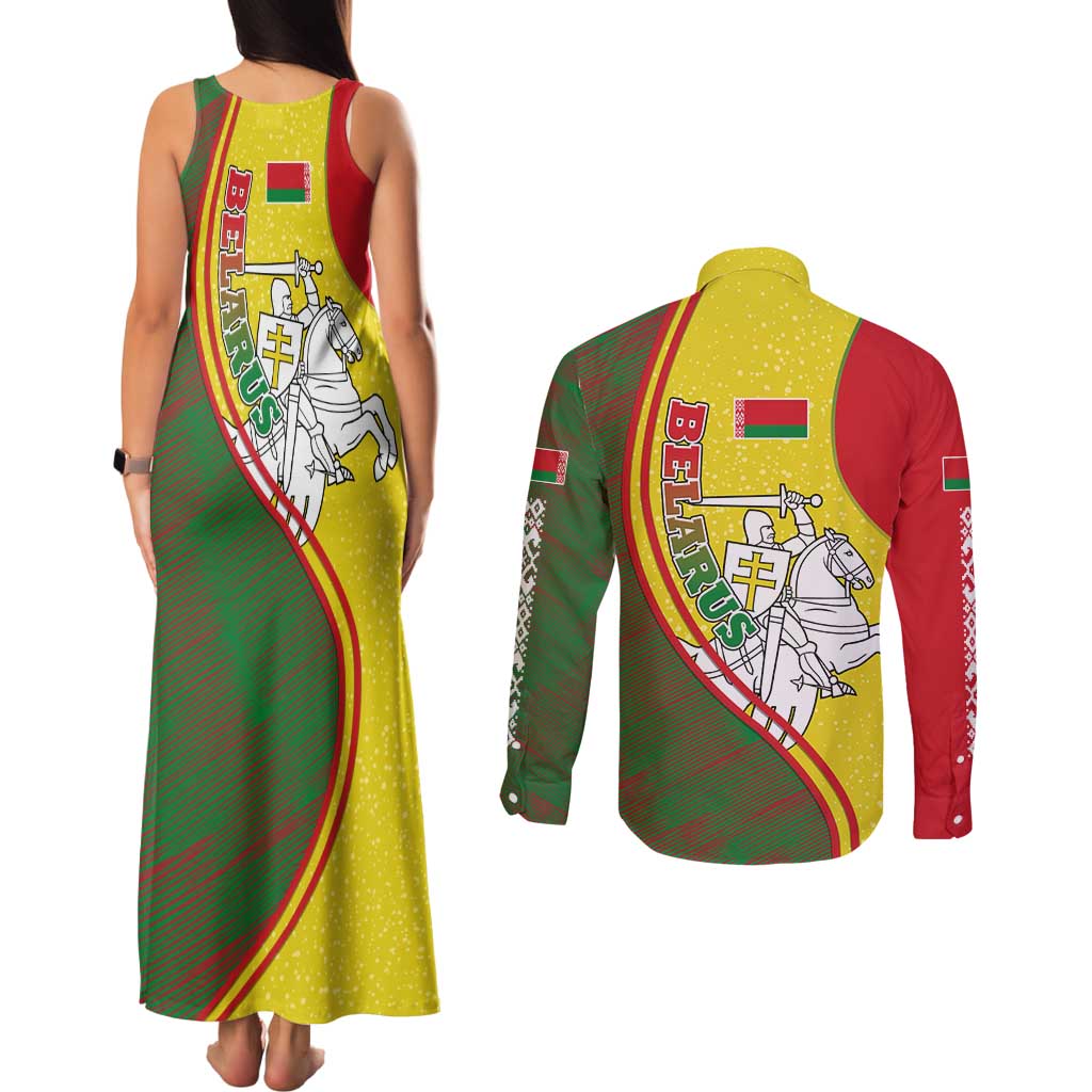 Belarus Pahonia Knight Crest Couples Matching Tank Maxi Dress and Long Sleeve Button Shirt with Red Green Yellow Folk Pattern Design