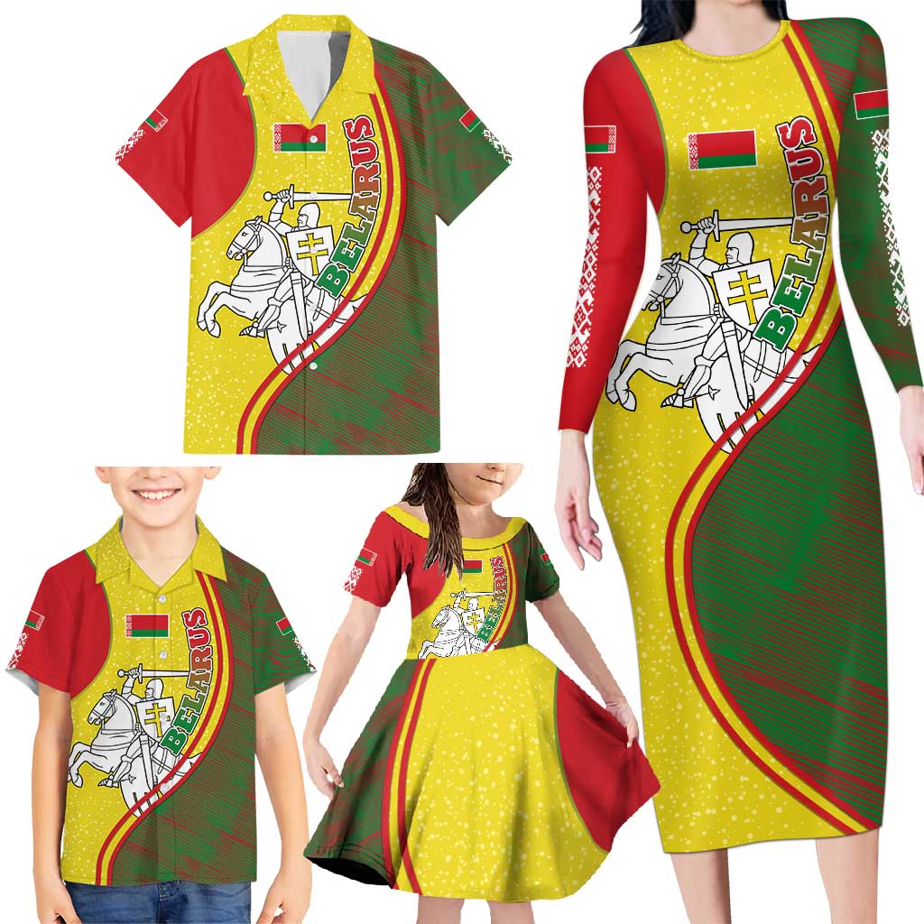 Belarus Pahonia Knight Crest Family Matching Long Sleeve Bodycon Dress and Hawaiian Shirt with Red Green Yellow Folk Pattern Design