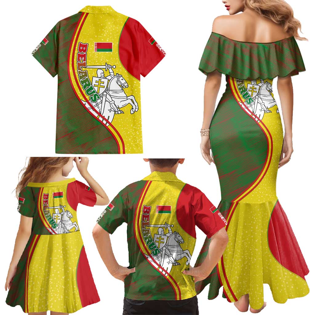 Belarus Pahonia Knight Crest Family Matching Mermaid Dress and Hawaiian Shirt with Red Green Yellow Folk Pattern Design