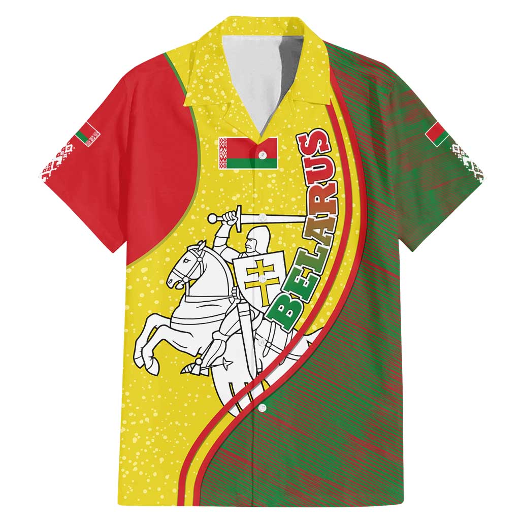 Belarus Pahonia Knight Crest Family Matching Mermaid Dress and Hawaiian Shirt with Red Green Yellow Folk Pattern Design