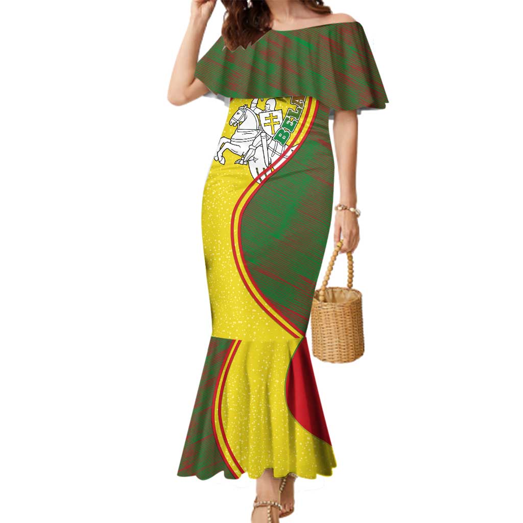 Belarus Pahonia Knight Crest Family Matching Mermaid Dress and Hawaiian Shirt with Red Green Yellow Folk Pattern Design