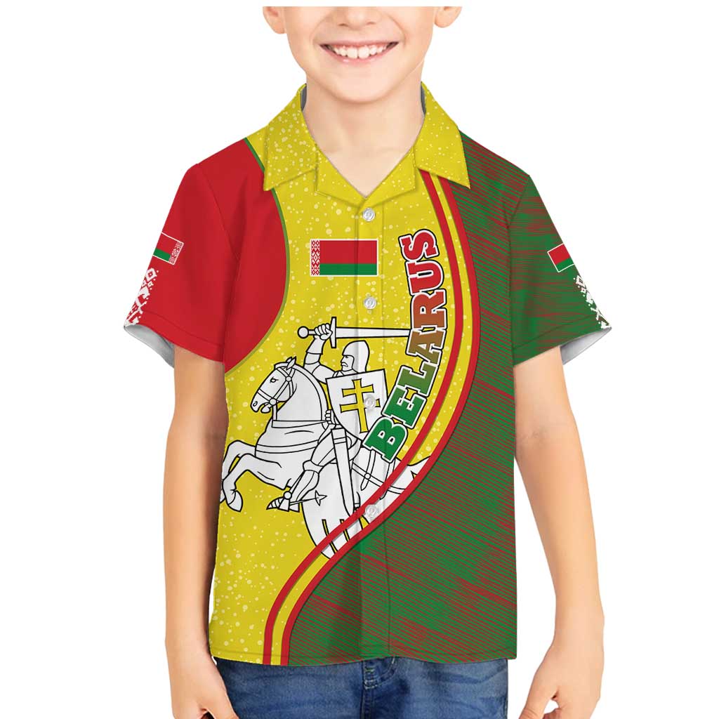 Belarus Pahonia Knight Crest Family Matching Mermaid Dress and Hawaiian Shirt with Red Green Yellow Folk Pattern Design