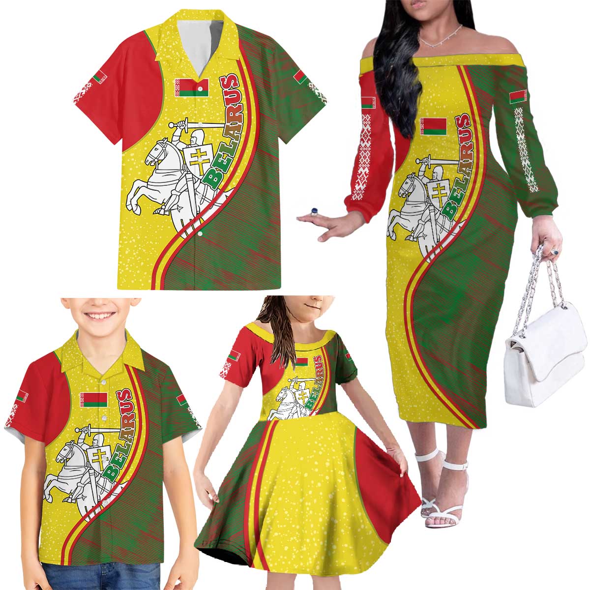 Belarus Pahonia Knight Crest Family Matching Off The Shoulder Long Sleeve Dress and Hawaiian Shirt with Red Green Yellow Folk Pattern Design