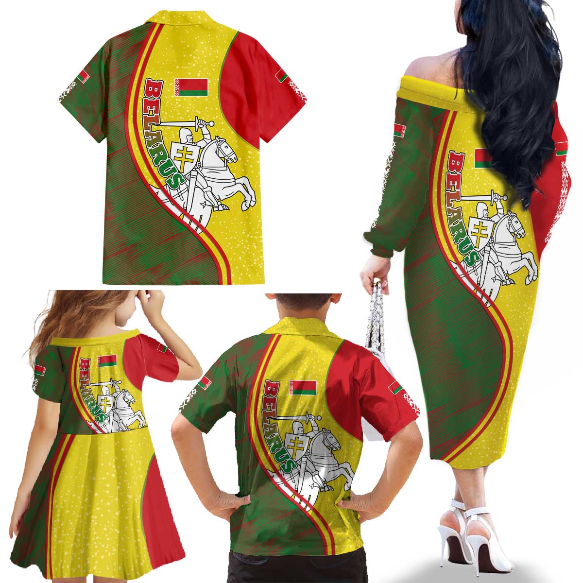 Belarus Pahonia Knight Crest Family Matching Off The Shoulder Long Sleeve Dress and Hawaiian Shirt with Red Green Yellow Folk Pattern Design