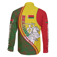 Belarus Pahonia Knight Crest Family Matching Off The Shoulder Long Sleeve Dress and Hawaiian Shirt with Red Green Yellow Folk Pattern Design