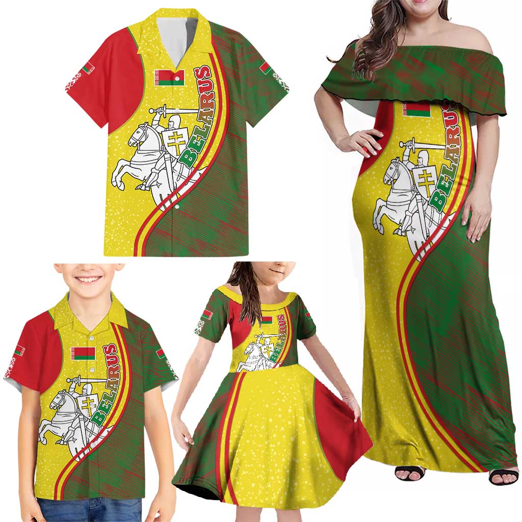 Belarus Pahonia Knight Crest Family Matching Off Shoulder Maxi Dress and Hawaiian Shirt with Red Green Yellow Folk Pattern Design
