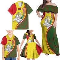 Belarus Pahonia Knight Crest Family Matching Off Shoulder Maxi Dress and Hawaiian Shirt with Red Green Yellow Folk Pattern Design