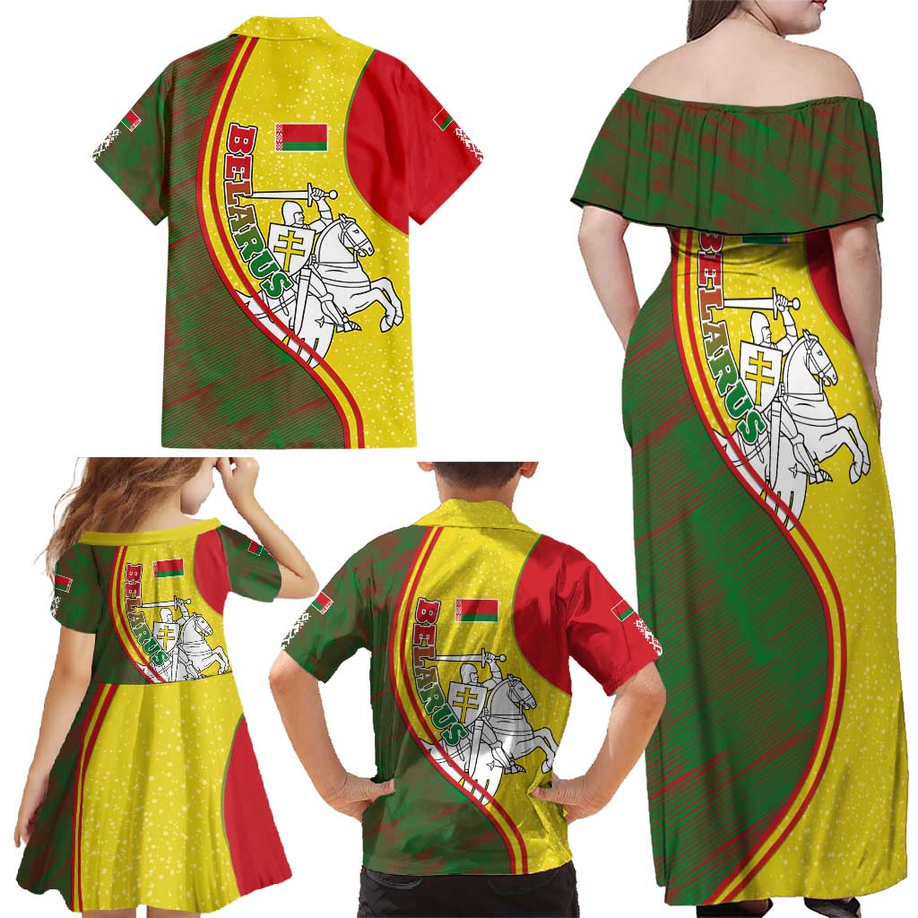 Belarus Pahonia Knight Crest Family Matching Off Shoulder Maxi Dress and Hawaiian Shirt with Red Green Yellow Folk Pattern Design