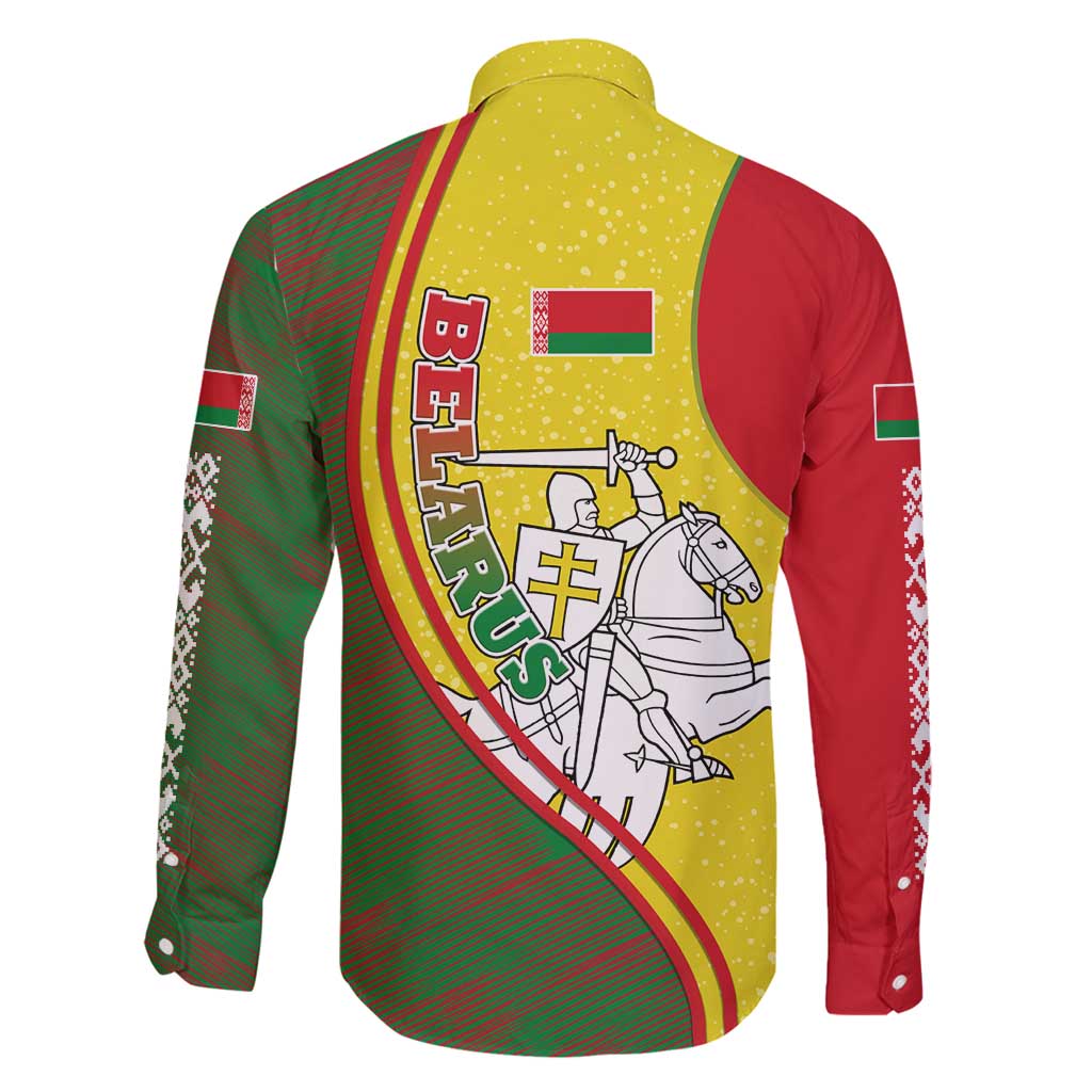 Belarus Pahonia Knight Crest Family Matching Off Shoulder Maxi Dress and Hawaiian Shirt with Red Green Yellow Folk Pattern Design