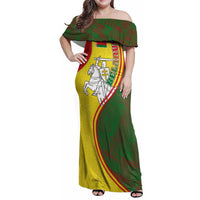 Belarus Pahonia Knight Crest Family Matching Off Shoulder Maxi Dress and Hawaiian Shirt with Red Green Yellow Folk Pattern Design