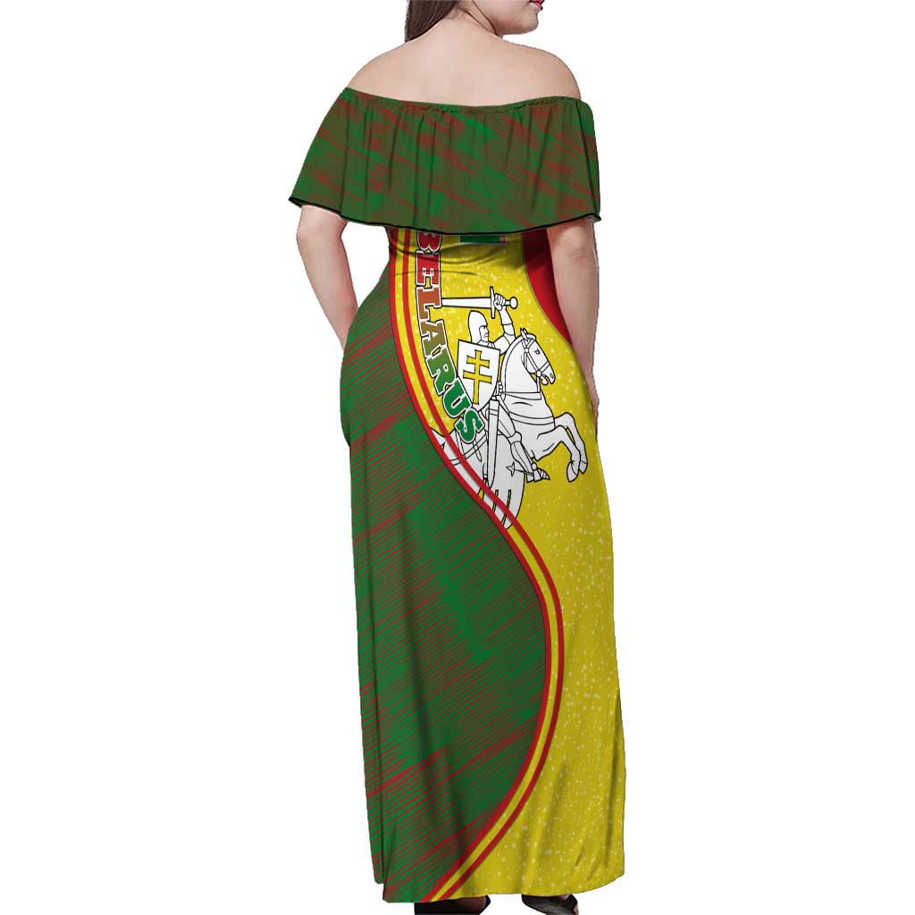 Belarus Pahonia Knight Crest Family Matching Off Shoulder Maxi Dress and Hawaiian Shirt with Red Green Yellow Folk Pattern Design