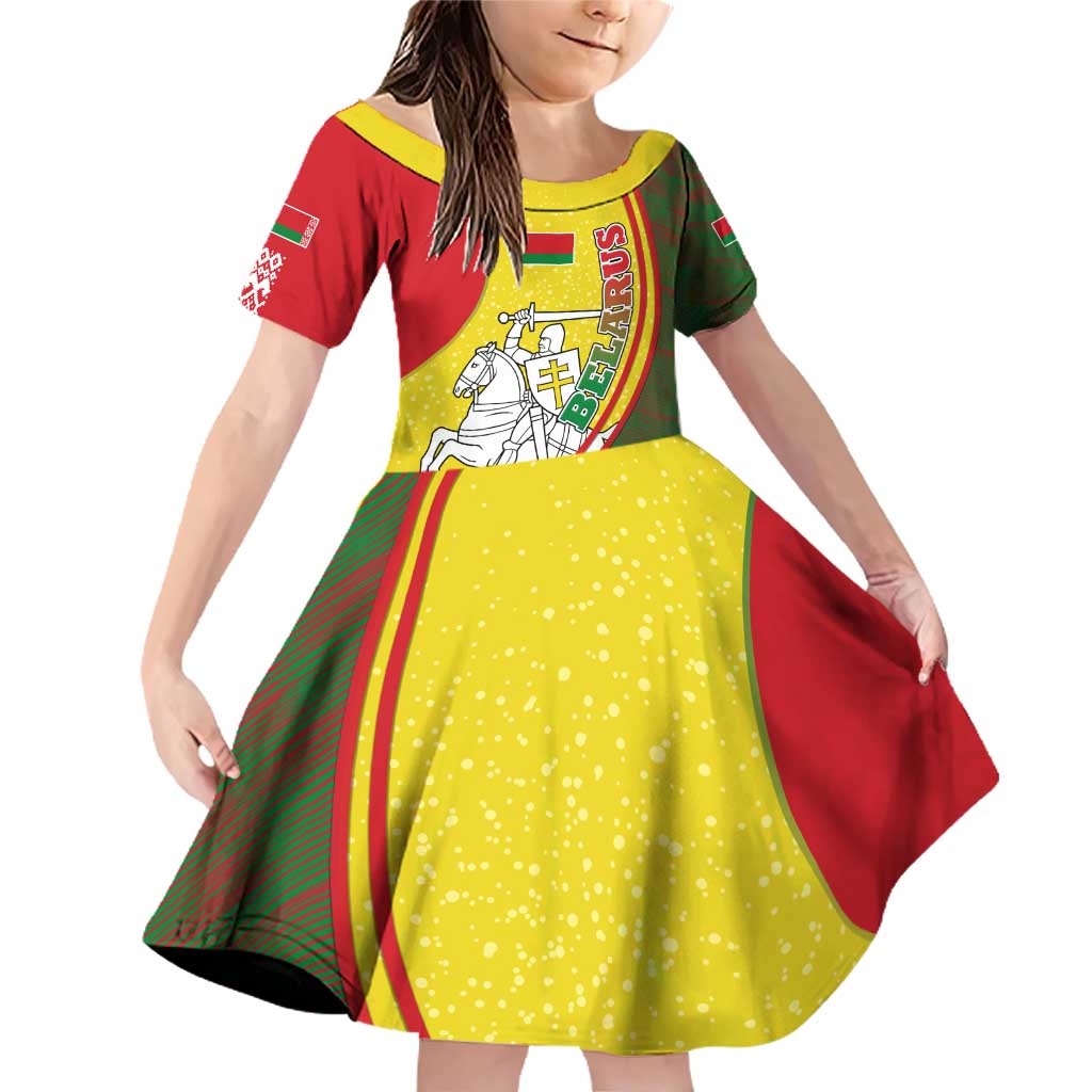 Belarus Pahonia Knight Crest Family Matching Off Shoulder Short Dress and Hawaiian Shirt with Red Green Yellow Folk Pattern Design