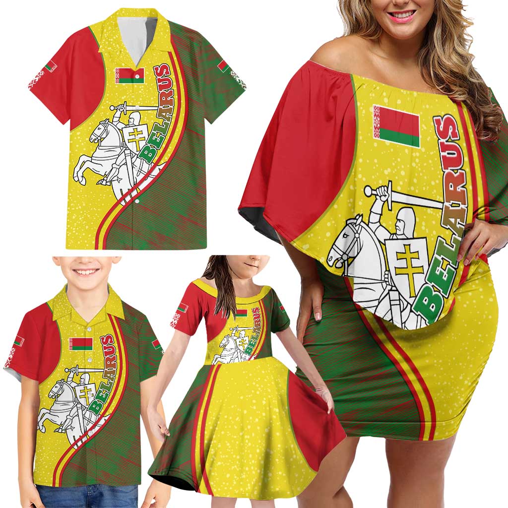 Belarus Pahonia Knight Crest Family Matching Off Shoulder Short Dress and Hawaiian Shirt with Red Green Yellow Folk Pattern Design