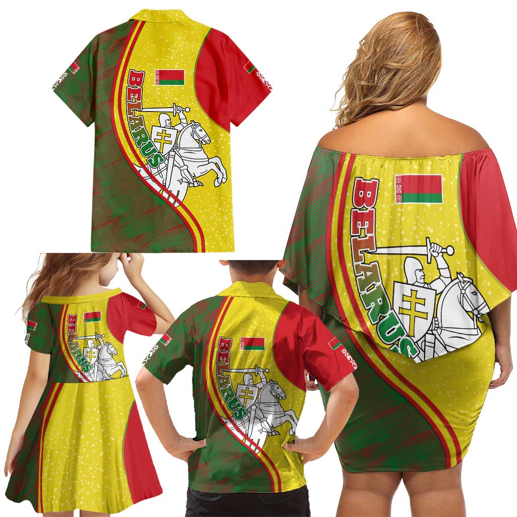 Belarus Pahonia Knight Crest Family Matching Off Shoulder Short Dress and Hawaiian Shirt with Red Green Yellow Folk Pattern Design