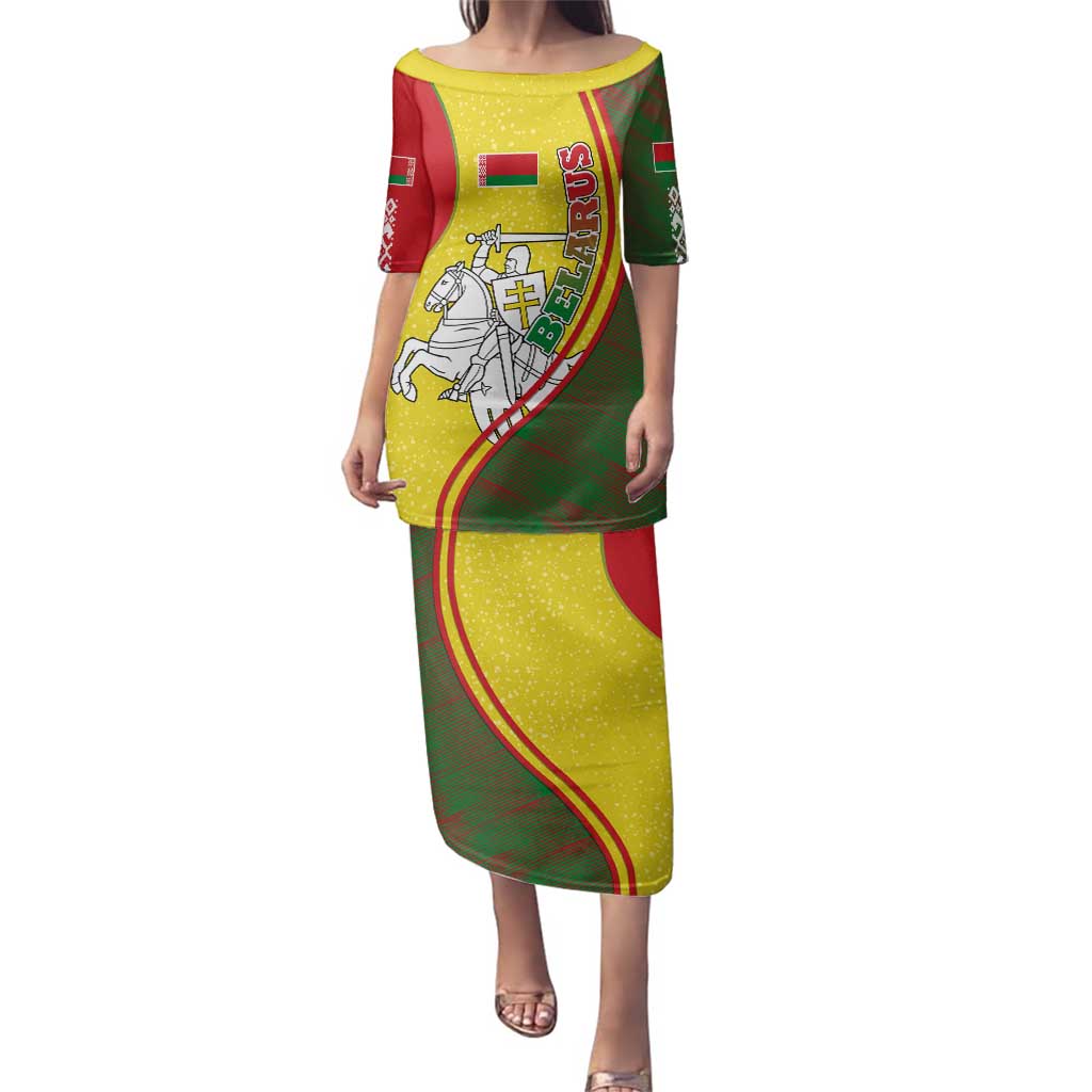 Belarus Pahonia Knight Crest Family Matching Puletasi and Hawaiian Shirt with Red Green Yellow Folk Pattern Design