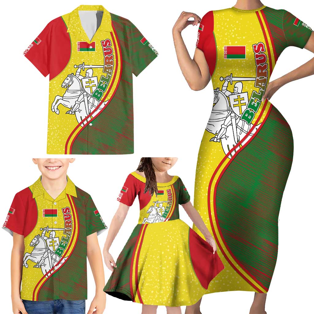 Belarus Pahonia Knight Crest Family Matching Short Sleeve Bodycon Dress and Hawaiian Shirt with Red Green Yellow Folk Pattern Design