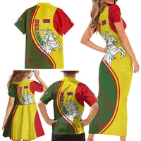 Belarus Pahonia Knight Crest Family Matching Short Sleeve Bodycon Dress and Hawaiian Shirt with Red Green Yellow Folk Pattern Design