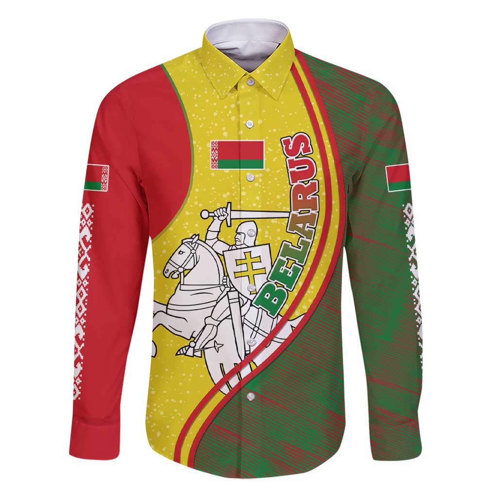 Belarus Pahonia Knight Crest Family Matching Short Sleeve Bodycon Dress and Hawaiian Shirt with Red Green Yellow Folk Pattern Design