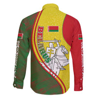 Belarus Pahonia Knight Crest Family Matching Short Sleeve Bodycon Dress and Hawaiian Shirt with Red Green Yellow Folk Pattern Design